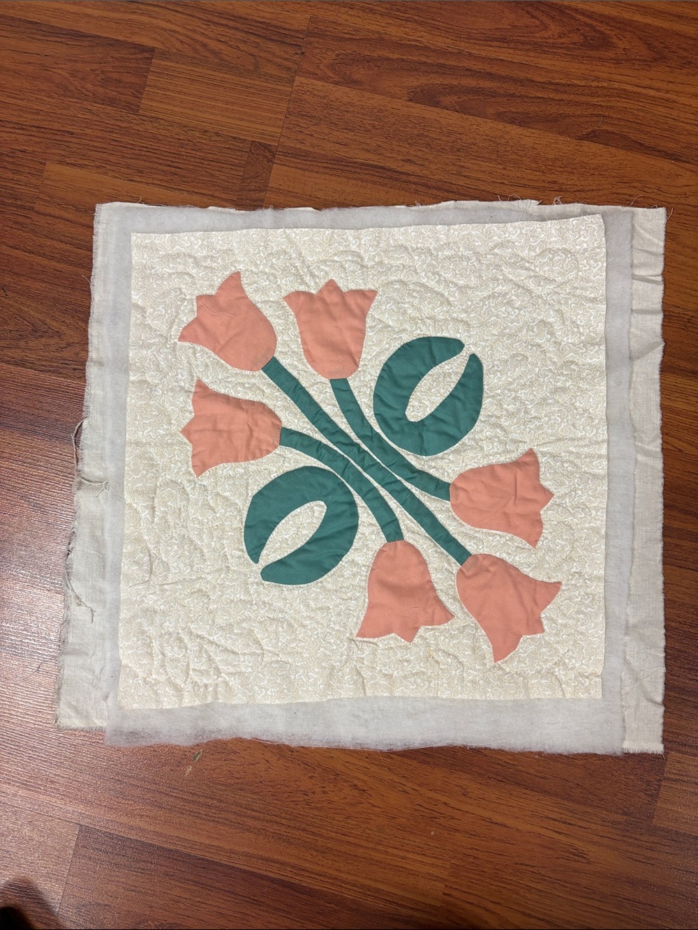 Handmade Floral Tulip Quilt Block - Peach & Teal on Cream